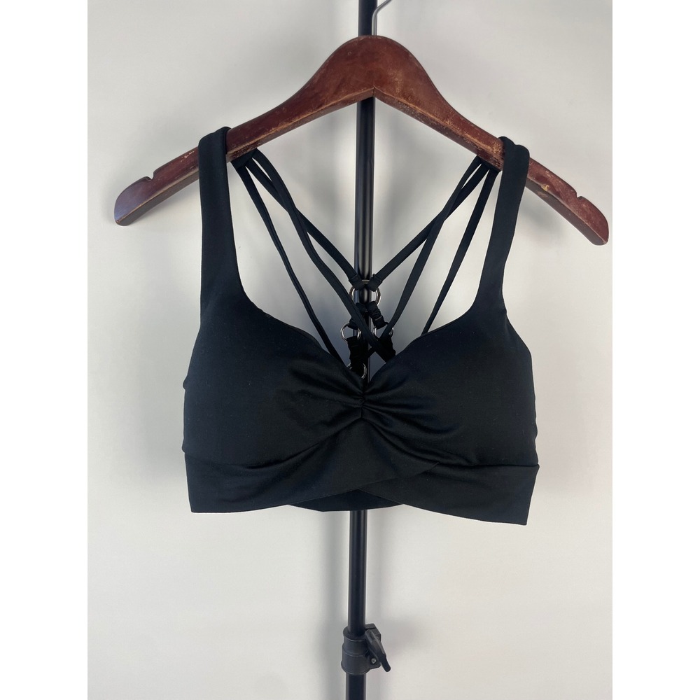 Bombshell Sportswear Black Strappy O-Ring Back Ruched Twist Sports Bra Size L